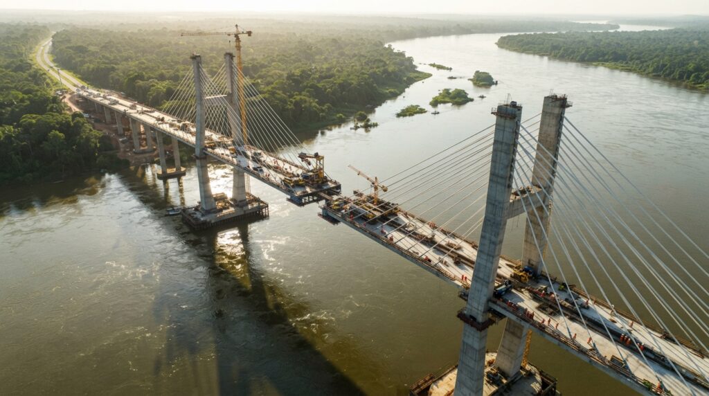 Vista aérea de uma representação da ponte estaiada sobre o Rio Xingu, com torres de concreto, cabos de aço e tabuleiro em construção sobre a paisagem amazônica.