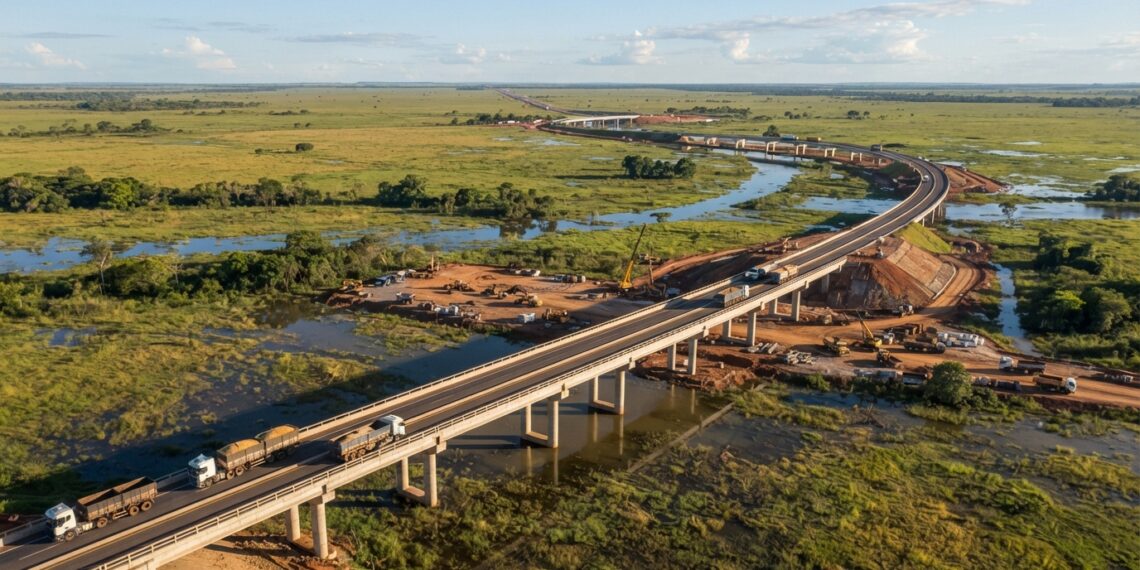 Representação aérea de uma rodovia com pontes de concreto atravessando áreas alagáveis do Pantanal, com caminhões pesados circulando sobre a pista elevada.