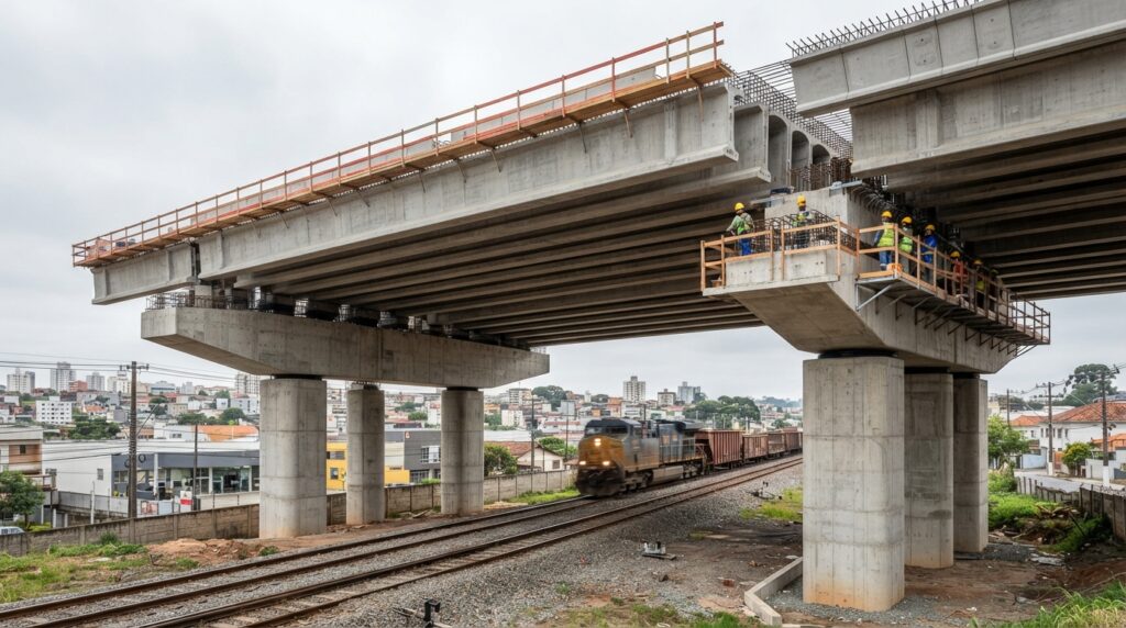 Grandes vigas de concreto protendido sustentam o tabuleiro de um viaduto em construção sobre uma ferrovia urbana no Paraná.