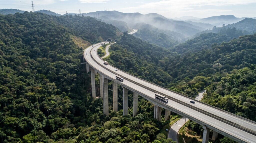 Trecho elevado do Rodoanel Norte atravessando a vegetação da Serra da Cantareira.