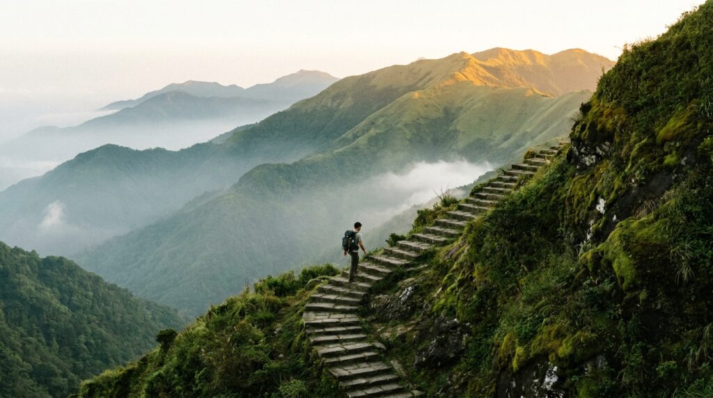 Caminhante sobe uma longa escadaria de pedra em uma montanha coberta por vegetação e névoa.