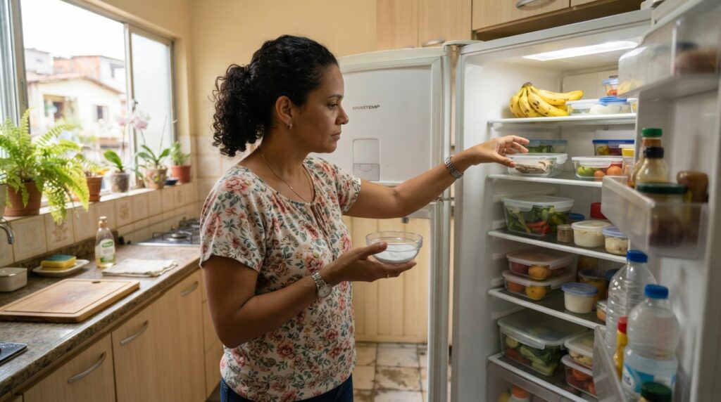 Pessoa organiza a geladeira e prepara um recipiente com bicarbonato de sódio durante a limpeza da cozinha.