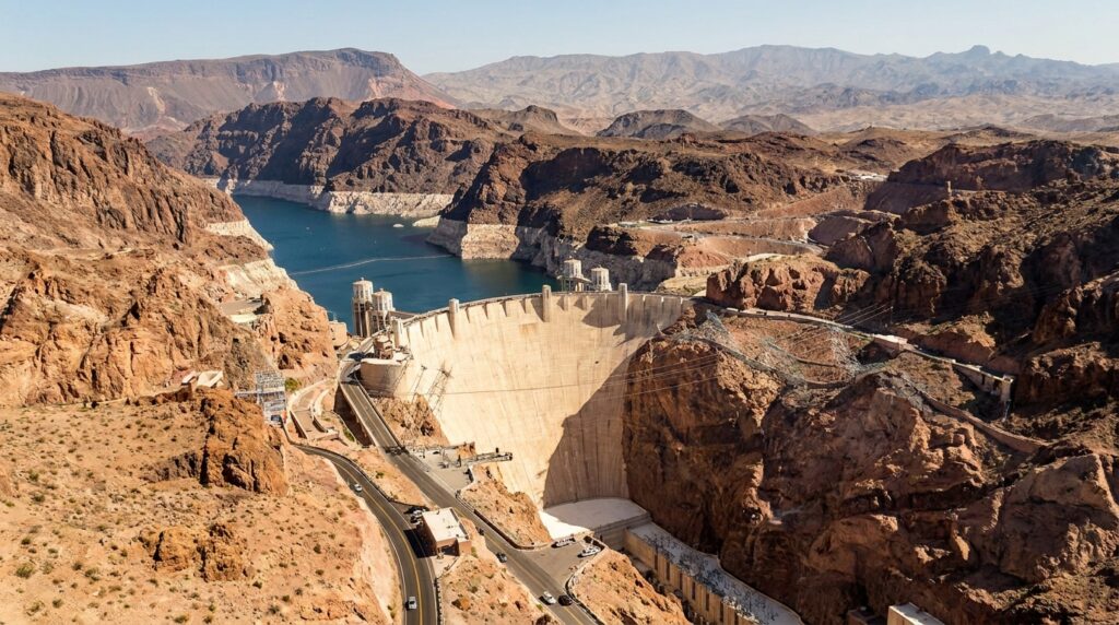 Hoover Dam entre as paredes rochosas do Black Canyon, com o reservatório do Lago Mead ao fundo.