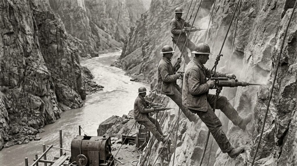 rabalhadores da construção da Hoover Dam perfurando os paredões rochosos do Black Canyon durante a década de 1930.