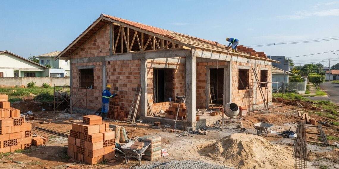 Casa térrea em construção com paredes de tijolos, estrutura de concreto e materiais de obra.