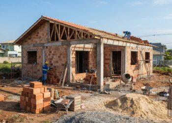 Casa térrea em construção com paredes de tijolos, estrutura de concreto e materiais de obra.