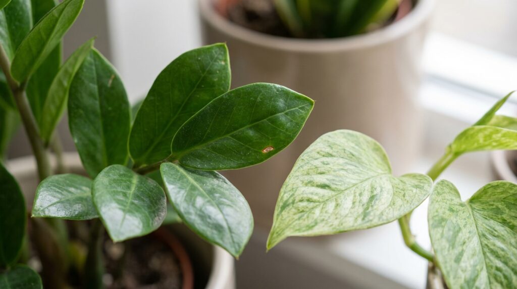 Close-up das folhas verdes de zamioculca e jiboia cultivadas em ambiente interno com iluminação difusa.