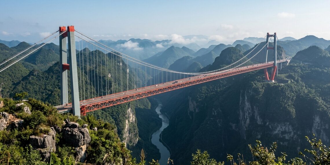 Ponte do Grande Cânion de Huajiang, na China, atravessando um vale profundo entre montanhas.