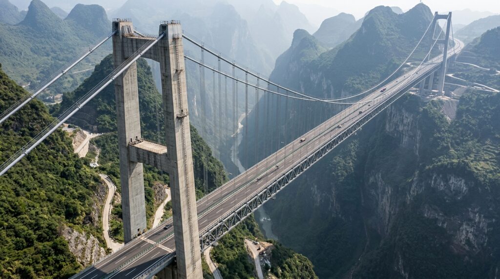 Detalhe das torres, dos cabos de aço e do tabuleiro suspenso da ponte de Huajiang, na China.