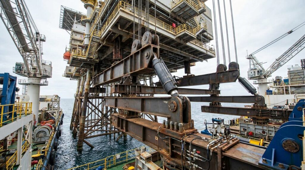 Vigas hidráulicas de grande porte posicionadas sob um módulo industrial de plataforma petrolífera.
