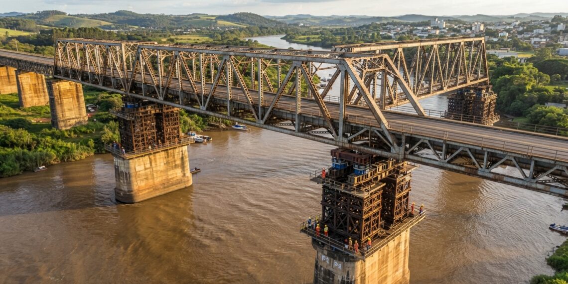 Reconstrução ilustrativa de uma grande ponte metálica elevada sobre pilares de concreto por macacos hidráulicos, acima das águas do Rio Jacuí.