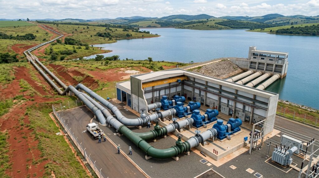 Estação de bombeamento capta água de um reservatório e envia o fluxo para grandes adutoras.