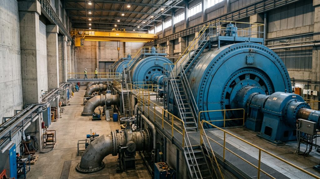 Equipamentos industriais de uma usina hidrelétrica responsável pela conversão da energia da água em eletricidade.