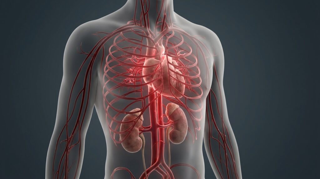 Visualização anatômica do sistema cardiovascular, coração e rins, órgãos que podem ser afetados pela hipertensão prolongada.