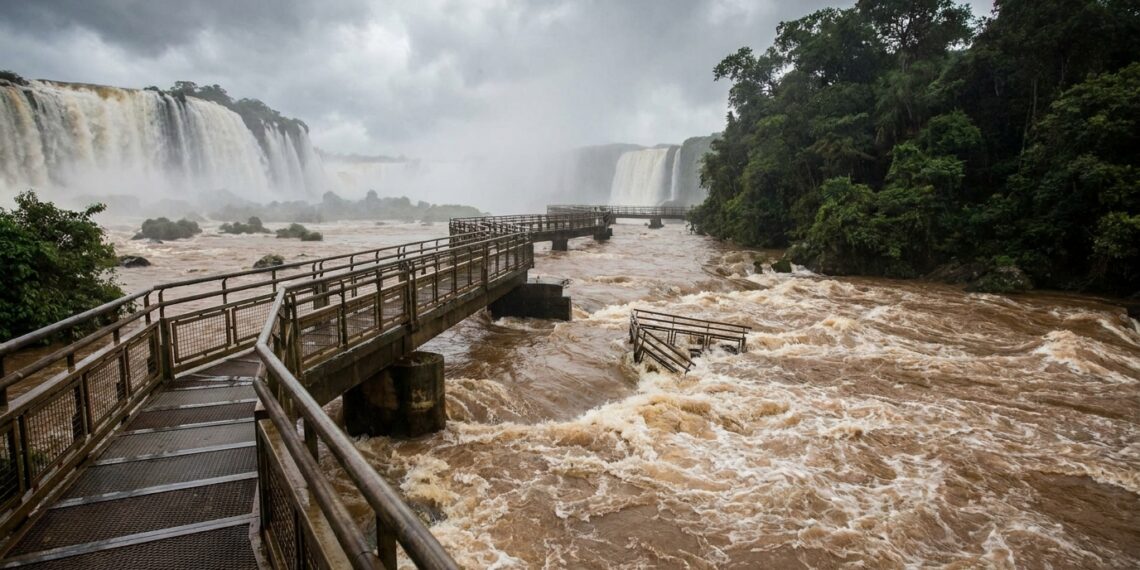 Passarela turística das Cataratas do Iguaçu cercada pela correnteza durante uma grande cheia.