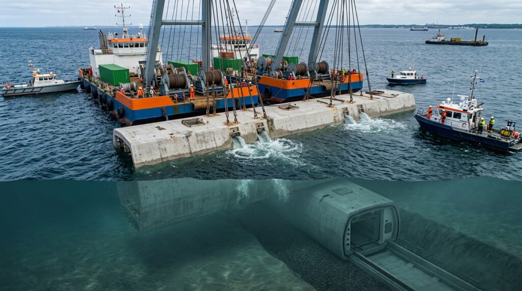 MĂłdulo gigante do tĂșnel Ă© baixado de forma controlada atĂ© uma vala no fundo do mar.