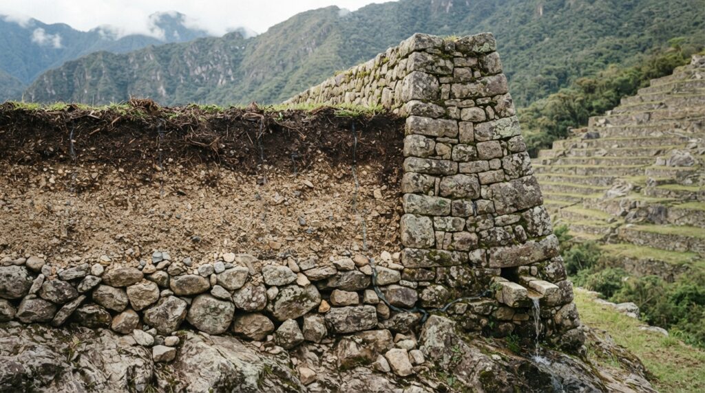 Corte ilustrativo de um terraço inca com solo, areia, pedras e drenagem junto a um muro de contenção.
