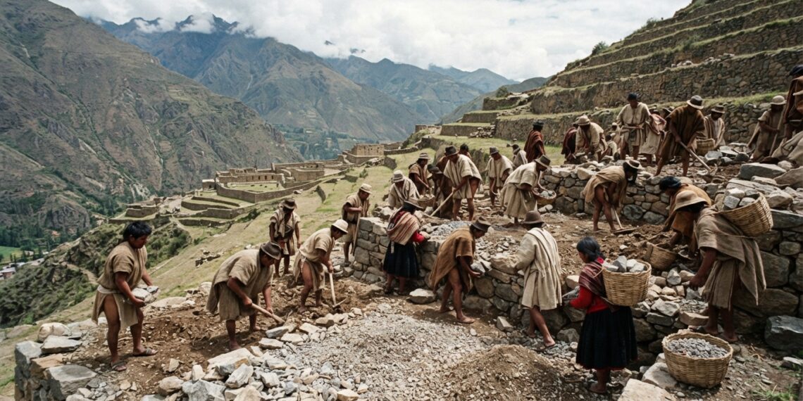 Reconstrução ilustrativa de trabalhadores incas preparando um terraço de pedra em uma encosta andina.