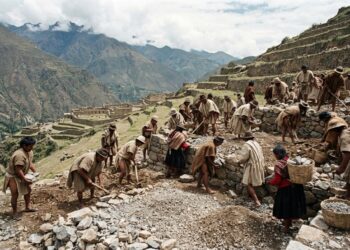 Reconstrução ilustrativa de trabalhadores incas preparando um terraço de pedra em uma encosta andina.