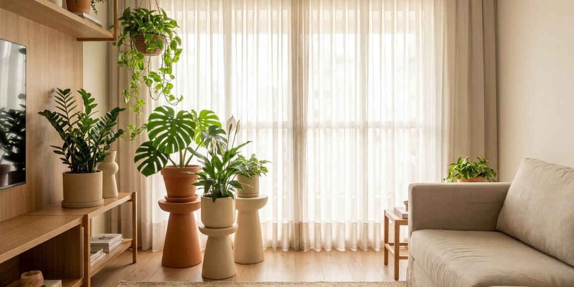 Plantas de interior em vasos decorativos próximas a uma janela com cortinas translúcidas que filtram a luz natural.