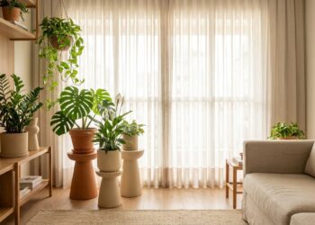 Plantas de interior em vasos decorativos próximas a uma janela com cortinas translúcidas que filtram a luz natural.