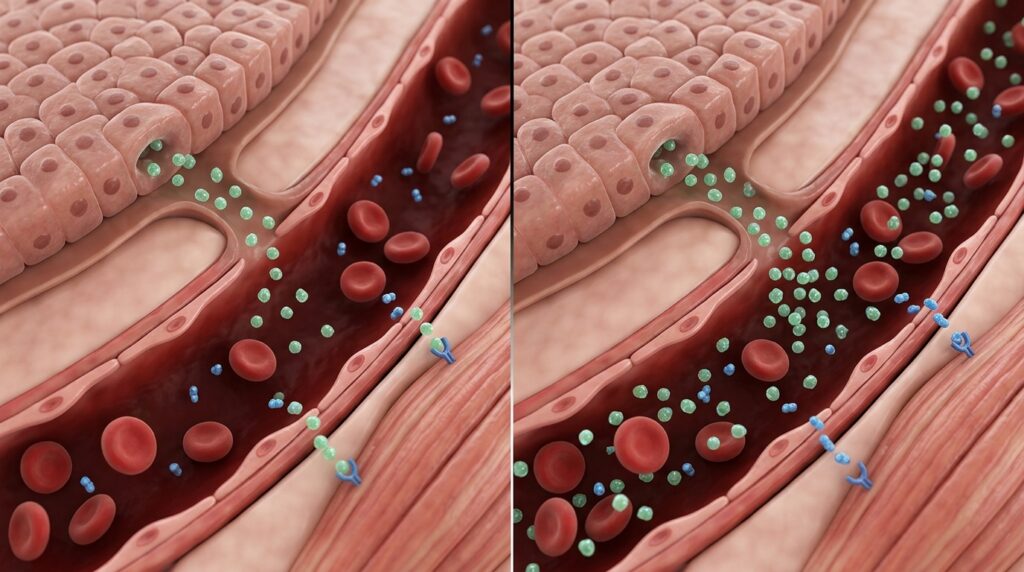 Comparação mostra glicose controlada e glicose permanecendo elevada quando a resposta à insulina é menos eficiente.