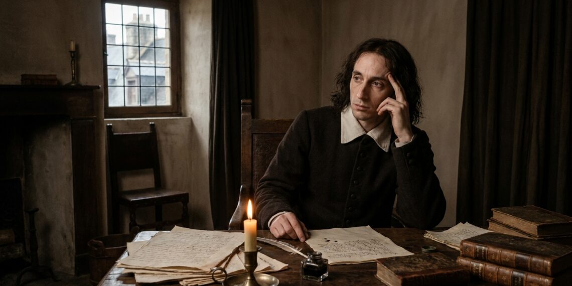 Reconstrução histórica de Blaise Pascal sentado sozinho diante de manuscritos em um escritório francês do século XVII.