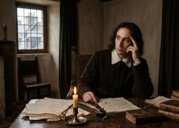 Reconstrução histórica de Blaise Pascal sentado sozinho diante de manuscritos em um escritório francês do século XVII.