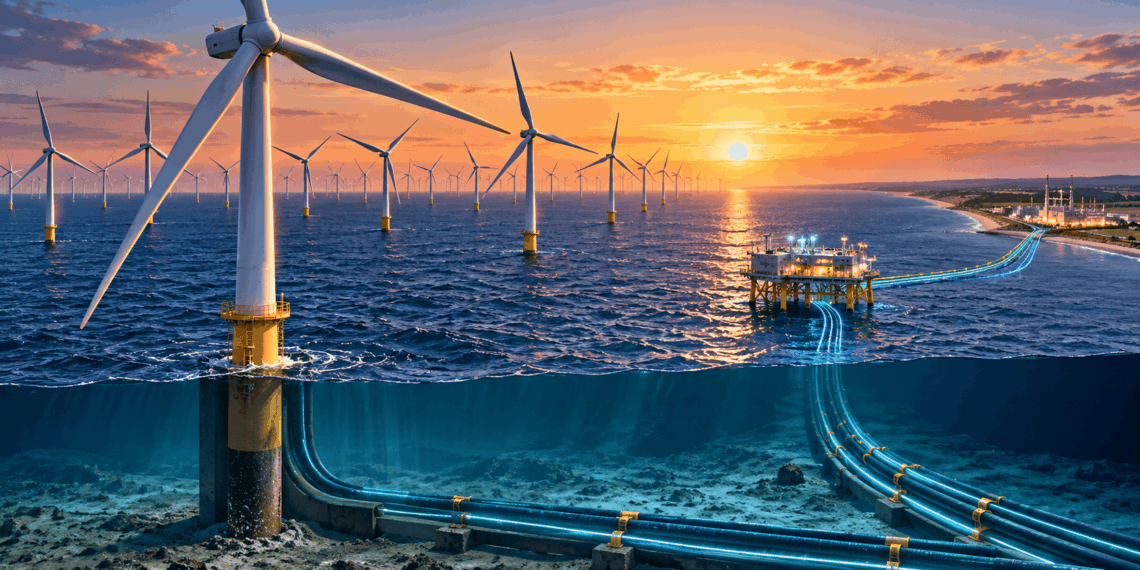 Fileiras de turbinas eólicas offshore instaladas no Mar do Norte, formando um grande parque de geração de energia.