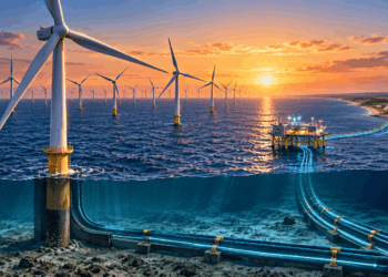 Fileiras de turbinas eólicas offshore instaladas no Mar do Norte, formando um grande parque de geração de energia.
