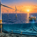 Fileiras de turbinas eólicas offshore instaladas no Mar do Norte, formando um grande parque de geração de energia.