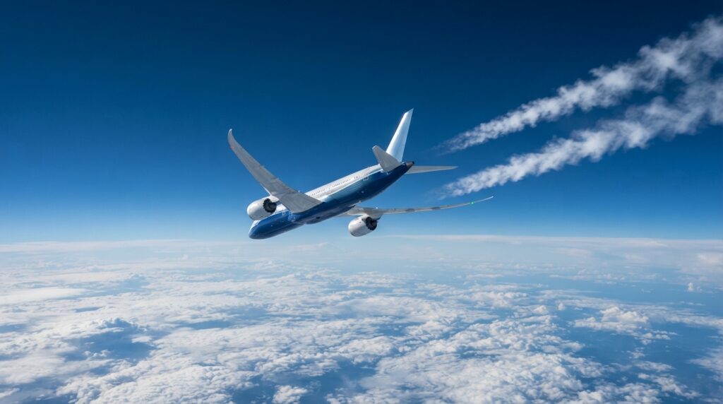 Visualização científica da formação de cristais de gelo no rastro de condensação de um avião comercial.