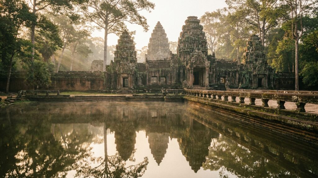 Templo de arquitetura khmer cercado por um amplo fosso de água e vegetação tropical.
