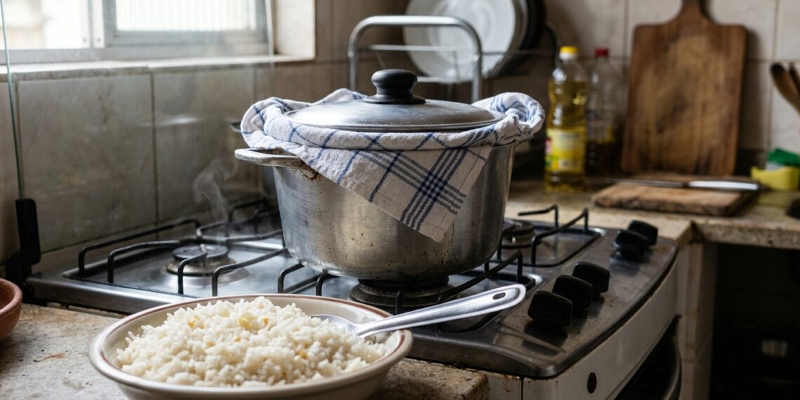 Panela de arroz descansa com pano limpo sob a tampa e pontas afastadas do fogão.