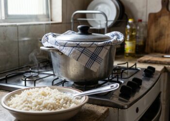 Panela de arroz descansa com pano limpo sob a tampa e pontas afastadas do fogão.