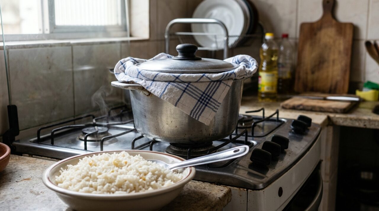 Cozinheiros afirmam: para o arroz ficar soltinho, não basta acertar a água, colocar um pano limpo sob a tampa no descanso ajuda a impedir que o vapor volte para os grãos