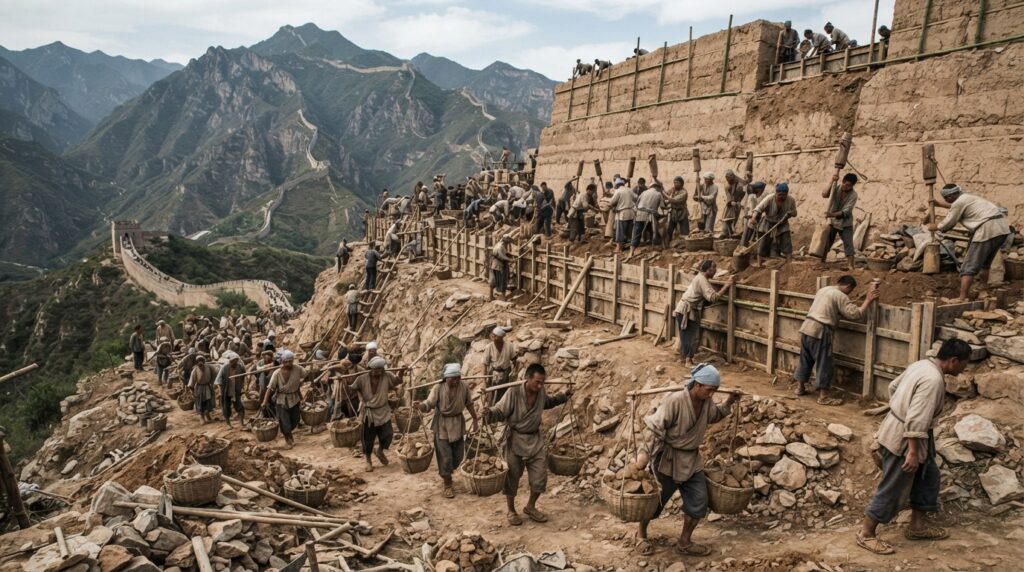Reconstrução ilustrativa de trabalhadores chineses compactando terra em fôrmas de madeira para construir uma muralha.