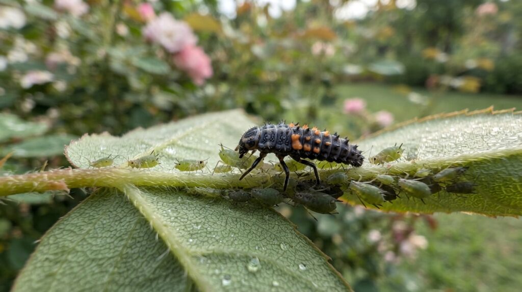 Larva escura de joaninha, com manchas alaranjadas, alimenta-se de um pulgão verde na parte inferior de uma folha de roseira.
