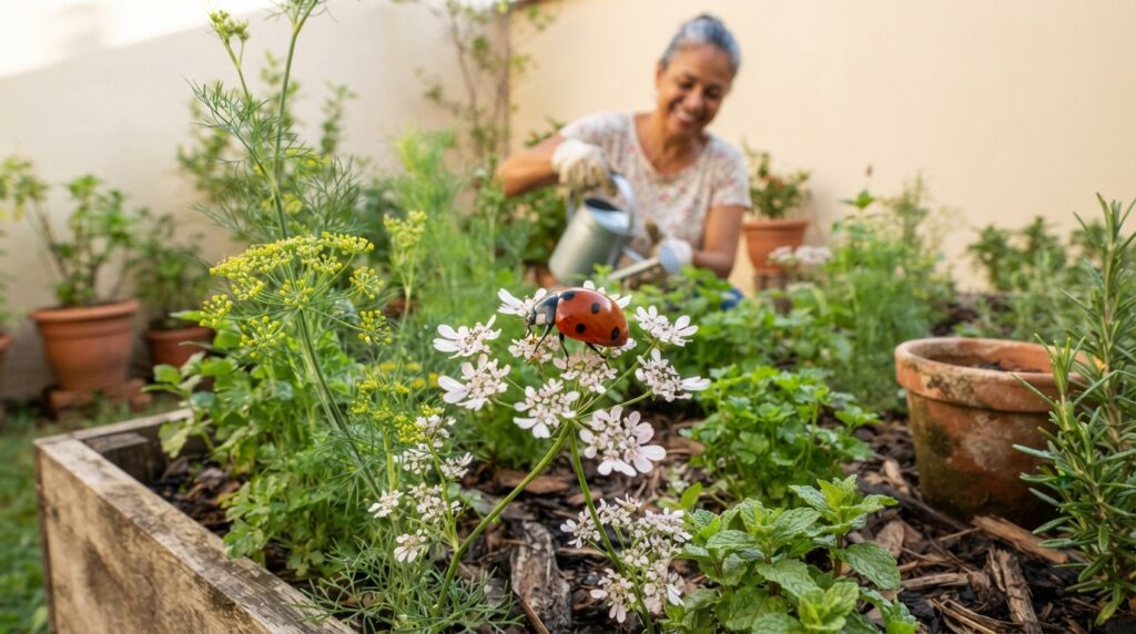 Joaninha vermelha pousada sobre flores brancas de coentro em uma horta residencial brasileira com ervas aromáticas.