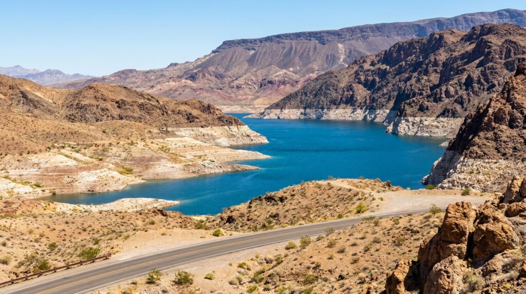 Lago Mead cercado por montanhas áridas no sudoeste dos Estados Unidos.