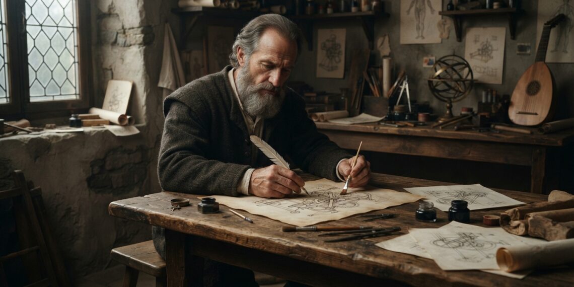 Leonardo da Vinci trabalha em um desenho simplificado dentro de um ateliê renascentista.