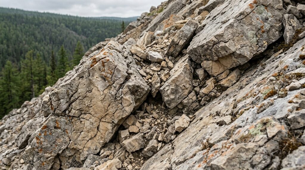 Blocos angulares de calcário fraturado formam a encosta da Cratera de Patom.