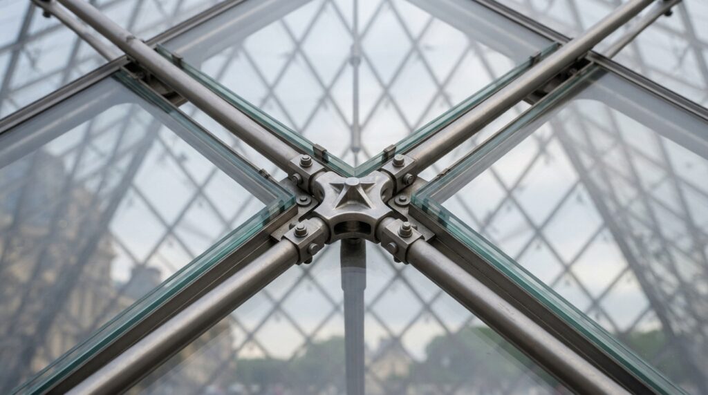 Detalhe dos painéis de vidro e das barras metálicas que formam a estrutura da pirâmide do Louvre.