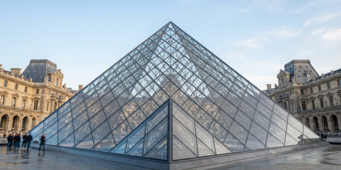 Pirâmide de vidro do Louvre com estrutura metálica aparente e o palácio histórico ao fundo.