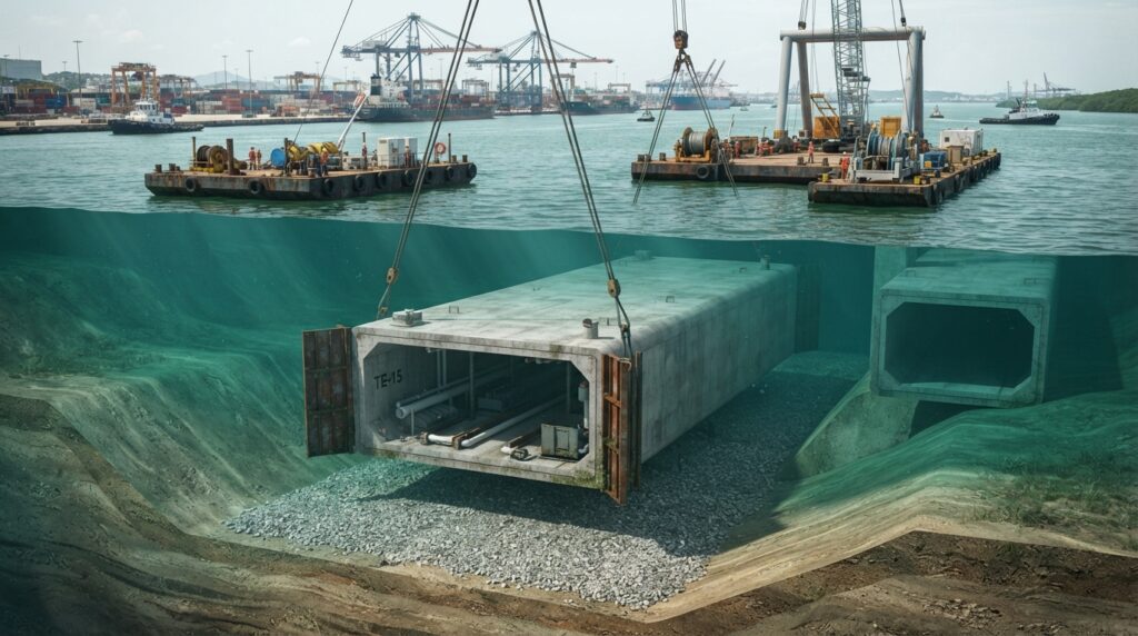 Ilustração técnica mostra um módulo gigante de concreto sendo baixado de forma controlada até uma trincheira escavada no fundo de um canal portuário.