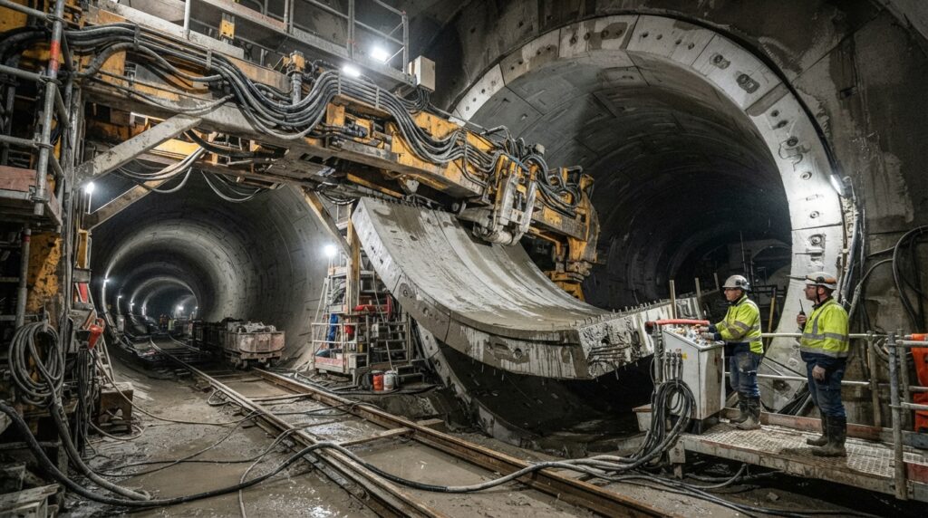 Braço hidráulico de uma tuneladora posiciona uma aduela de concreto para formar o revestimento circular do túnel.
