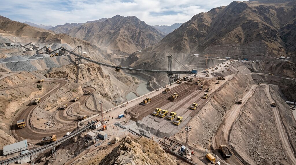 Esteira suspensa e máquinas transportam e compactam rochas na construção da Barragem de Rogun.