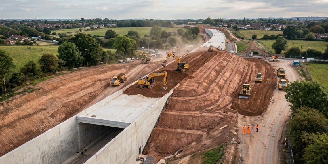 Vista aérea de um túnel ferroviário de concreto parcialmente coberto por terra, com escavadeiras e máquinas de terraplenagem trabalhando ao redor.