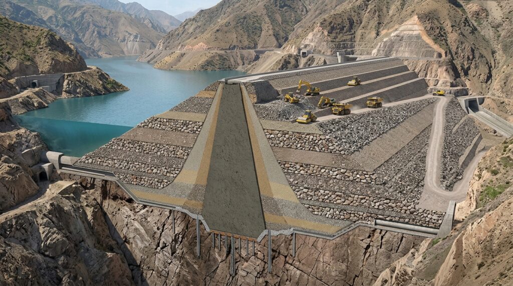 Corte técnico mostra camadas de rocha compactada e núcleo central de argila da Barragem de Rogun.