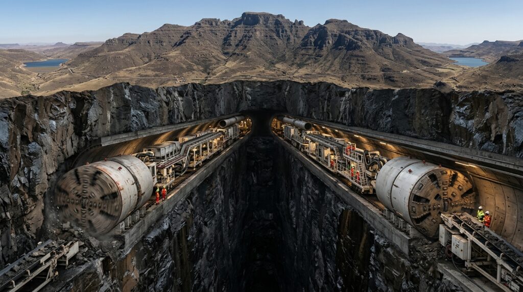Duas tuneladoras escavam a montanha em sentidos opostos para ligar dois reservatórios no Lesoto.
